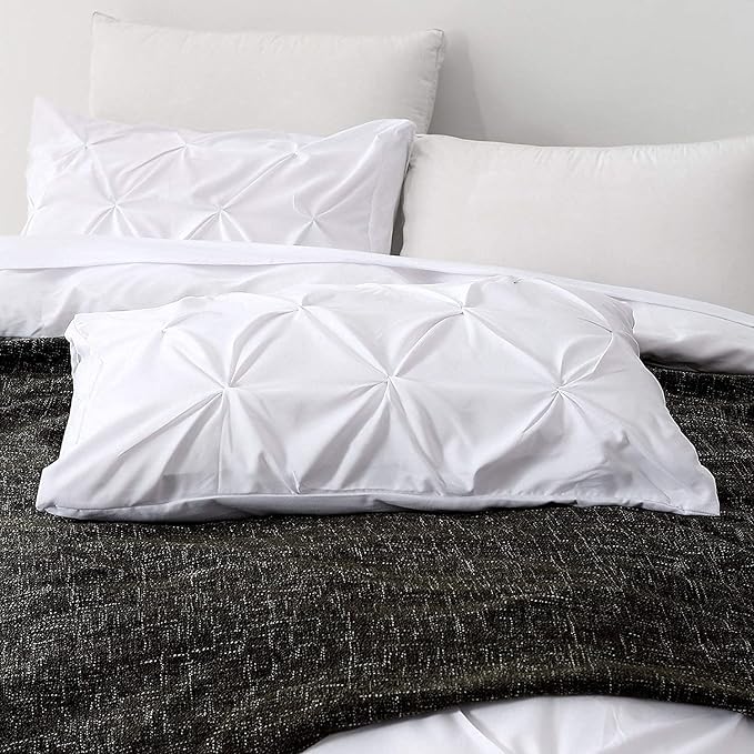Pinch Pleated Duvet Cover Set 100% Brushed Microfiber 3PC Alaska King Size 120x132 Duvet Cover Set, Decorative Pinch Design White Duvet Cover with Matching Pillow Case