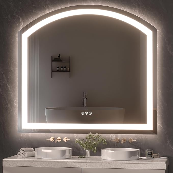 Hasipu 40x36 Inch LED Bathroom Mirror Arch Vanity Mirror with Lights Frontlit Smart Touch Sensor Dimmable 3 Colors Temperature Shatterproof Wall-Mounted Vanity Mirror Metal Frame