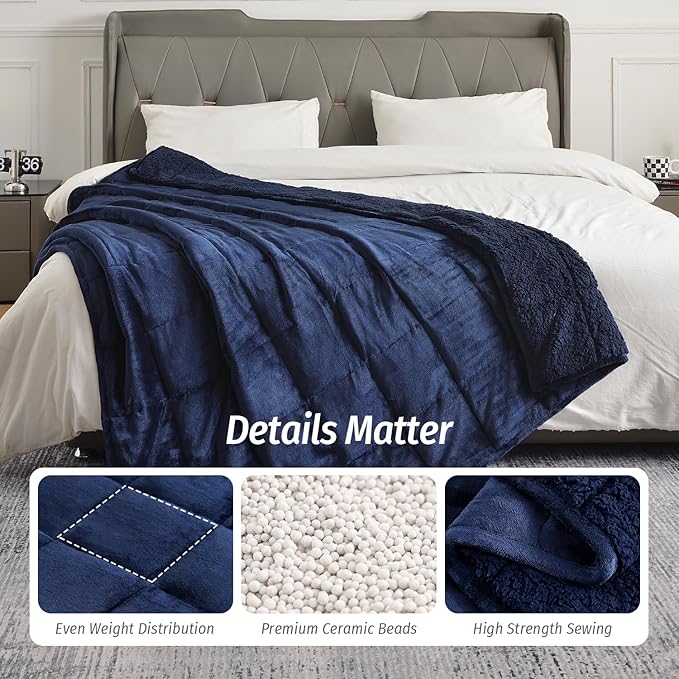 Wemore Sherpa Fleece Weighted Blanket for Adult, 20 lbs Dual Sided Cozy Fluffy Heavy Blanket, Ultra Fuzzy Throw Blanket with Soft Plush Flannel Top, 60 x 80 inches Navy Blue on Both Sides