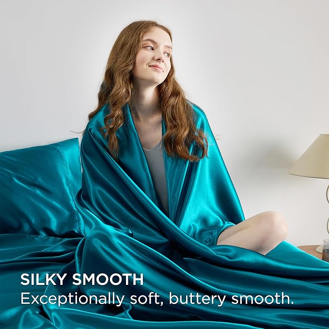 Bedsure Satin Sheets Full Size - 4 Piece Silky Bedsheets with 15 Inches Deep Pocket Fitted Bedsheet,1 Flat Sheet, 2 Satin Pillowcases, Good for Hair & Skin (Full, Teal)