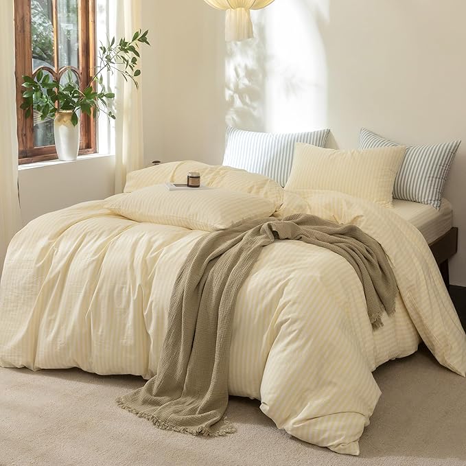 FOSSA Striped Duvet Cover Set 100% Washed Cotton Linen Feel Super Soft Breathable Cozy 3 Pieces Bedding Sets Pastel Yellow Classic Stripes King