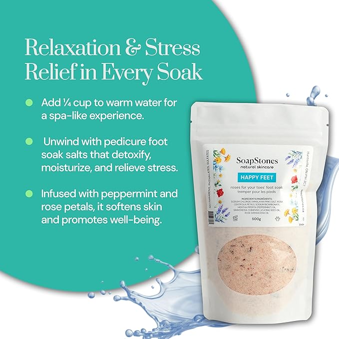 SoapStones Happy Feet Himalayan Foot Soak with Peppermint and Rose Oil, 500g - Detox Foot Bath & Skin Softener – Foot Soaking Salts for Tired, Swollen Feet Treatment & at-Home Spa