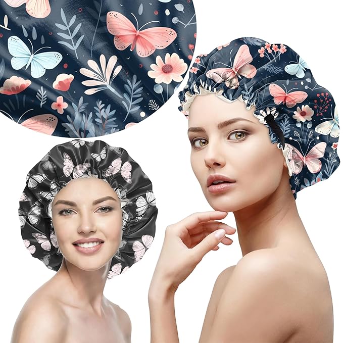2 PCS Bonnets for Women Girls Satin Hair Bonnet Silk Adjustable Elastic Double Layer Hair Wrap Sleep Cap Comfort Cute-Flower Butterfly