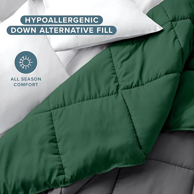 Bare Home Queen Comforter - Reversible Colors - Goose Down Alternative - Ultra-Soft - Premium 1800 Series - All Season Warmth - Bedding Comforter (Queen, Grey/Forest Green)