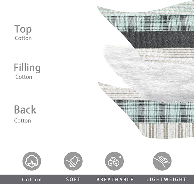 Homzard Queen Comforter Set，Cotton Quilts Queen Size，Teal Black Beige Bedding，Plaid Striped Bedspread，Lightweight Reversible Coverlet All Season 3 Pieces
