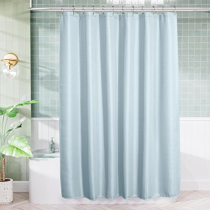 AmazerBath Fog Blue Shower Curtain Waffle Textured, Fabric Shower Curtain Misty Blue Thick Heavy Duty 240GSM Hotel Quality Bathroom Shower Curtains, Premium Polyester, 72 x 72 Inches