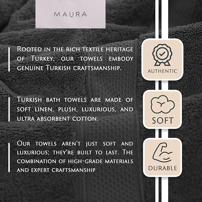 MAURA 6-Pack Premium Turkish Washcloth Set - Ultimate Luxury with Soft, Thick, Super Absorbent, and Oversized Cotton Face Towels - Ideal for a Hotel & Spa Quality Experience in Classic Space Gray