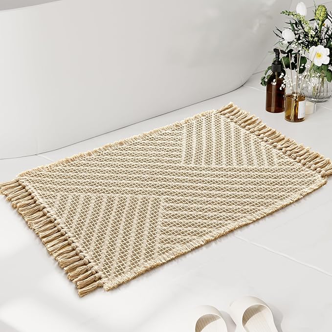 H.VERSAILTEX Waffle Bath Mat Super Absorbent Boho Bath Mat Non Slip Bath Rugs for Bathroom Floor Machine Washable Dry Fast Bathroom Rugs with Tassels, 24" x 36", Sand