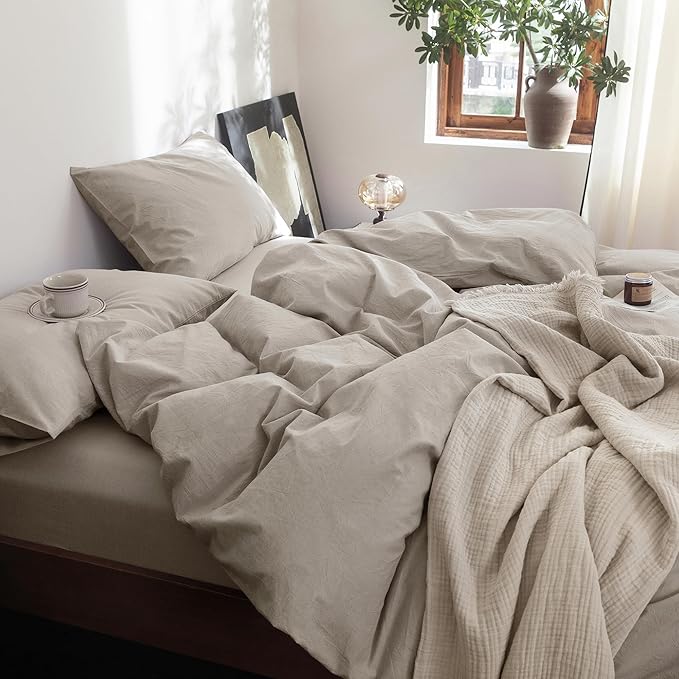 FOSSA Duvet Cover Set 100% Washed Cotton Linen Feel Super Soft Breathable Cozy 3 Pieces Bedding Sets Solid Cream Grey Super Queen
