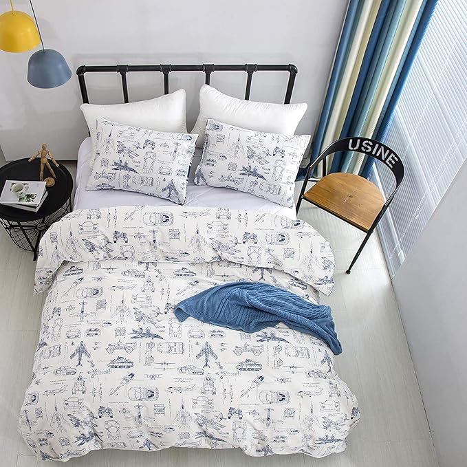 KAREVER White Aircraft Comforter Set Twin Boys Cartoon White Bedding Set Airplane Comforter Car Tank Printed Bedding for Children Teen Boy Blanket Set