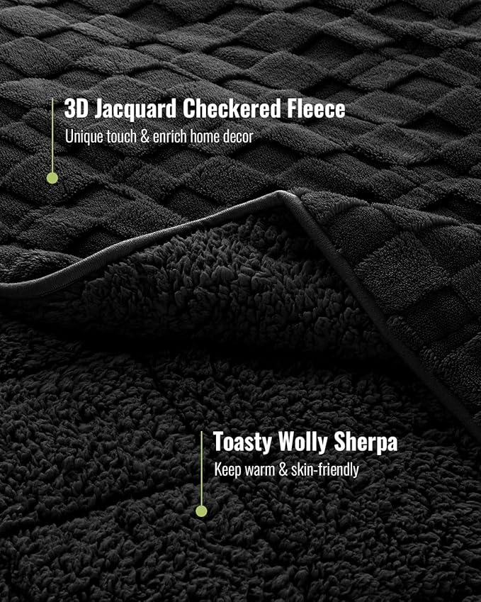 Uttermara Sherpa Fleece Weighted Blanket Full Size(15lbs, 48" x 72", Black), 3D Jacquard Checkered Warm Sherpa Heavy Blanket for Adults, Soft Fuzzy Weighted Blankets for Couch Bed Sofa