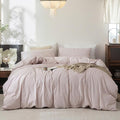 FOSSA Duvet Cover Set 100% Washed Cotton Linen Feel Super Soft Breathable Cozy 3 Pieces Bedding Sets Solid Greyish Pink Oversized King Plus