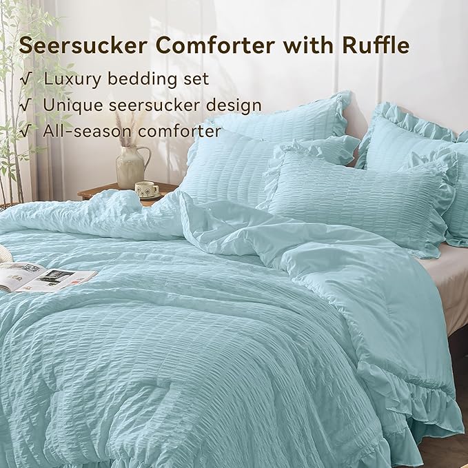 JOLLYVOGUE Light Blue King Comforter Set, 3 Pieces Seersucker Comforters King Size, Lightweight & Fluffy Bedding Sets for All Season with 1 Ruffle Comforter and 2 Ruffle Pillowshams