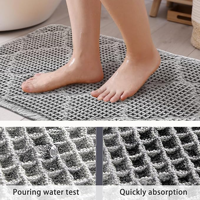 ZALL Waffle Bath Mat,Super Absorbent Non Slip Bathroom Rug,Grey 24x36inch,Geometric Diamond Machine Washable Ultra Soft Floor Mats Gray