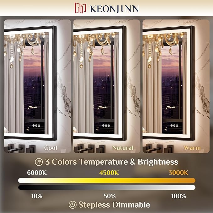 Keonjinn 72 x 36 Inch Bathroom Mirror with Frontlit & Backlit, Black Metal Framed Beveled Edge Mirror, Large LED Mirror with Anti Fog for Wall, Stepless 3-Color Temperatures, UL-Listed Driver