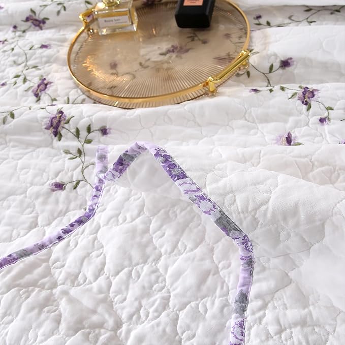 Quilt Set Purple Floral 3D Embroidery Pattern 3 PCS 100% Cotton Reversible Quilted Embroidered Decorative Bedspreads Coverlet Set, Lightweight &Soft Full Size White Bedding Coverlet for All Season