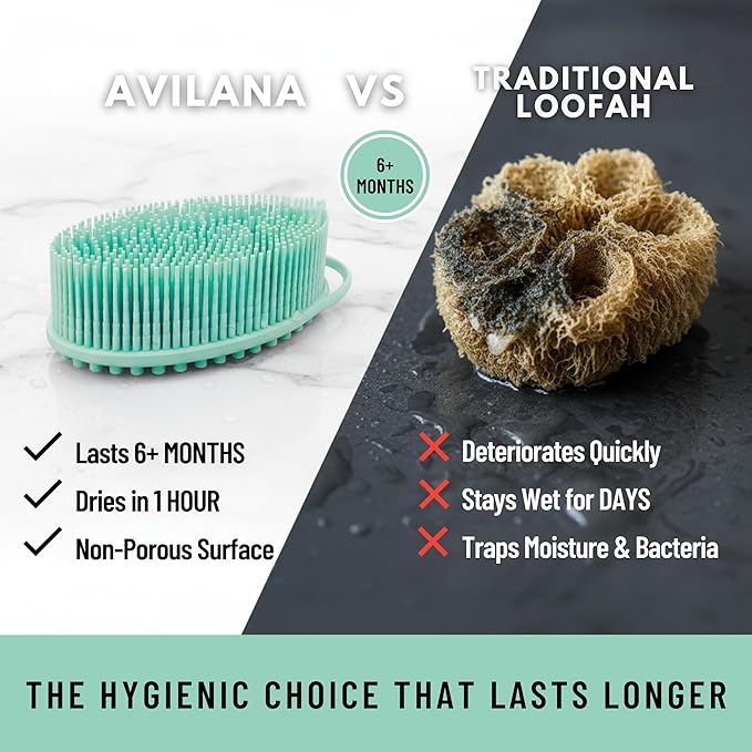 Silver Infused Silicone Body Scrubber Shower - Gentle Back Scrubber Soft Bristles - Avilana Premium Dual Sided Bath Brush Massage - Advanced Material Loofah Alternative - Gift Women Men