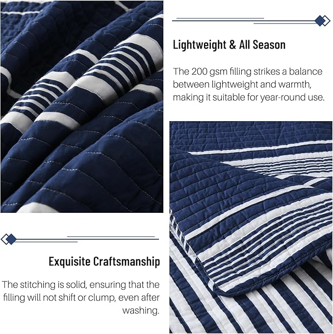 Striped King Size Quilt - 100% Cotton Navy Blue White Striped Modern Boys Men Unisex Quilt Bedspread for King Bed, Lightweight Reversible Quilted Bedding Set with 2 Pillow Shams for All Season