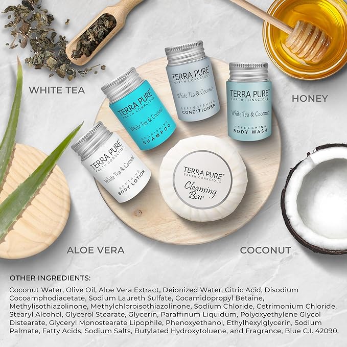 Terra Pure White Tea & Coconut Toiletries Set | 1-Shoppe Amenities Kit | 1oz Shampoo & Conditioner, Body Wash, Lotion, 1.25oz Bar Soap | Travel Size | 300 Pieces
