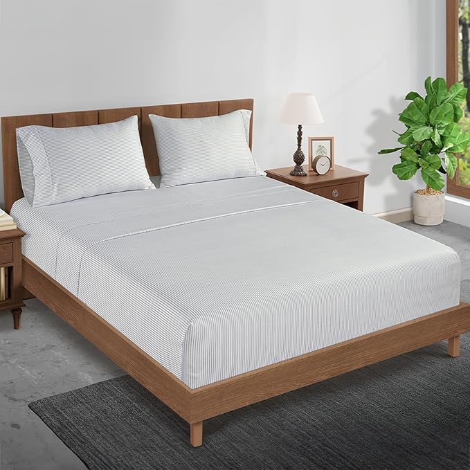 LANE LINEN King Sheet Set – 450 Thread Count Long-Staple 100% Cotton King Size Sheet Set, Sustainably Oeko-Tex Certified, Soft Silky Sateen Finish, 15" Deep Pocket Fitted Sheet – Ticking Stripe