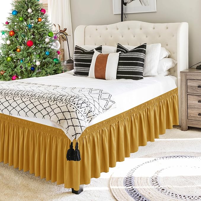 Biscaynebay Wrap Around Bed Skirts for Queen Beds 17" Long Drop, Gold Adjustable Elastic Dust Ruffles Easy Fit Wrinkle Resistant Silky Luxurious Fabric Machine Washable