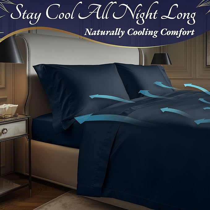 DECOLURE 100% Viscose Derived from Bamboo Sheets Full Size 4pcs - Ultra Soft & Luxuriously Cooling, 17" Deep Pocket, Double Stitching, Perfect for Hot Sleepers - Full Bed Sheets (Navy Blue)