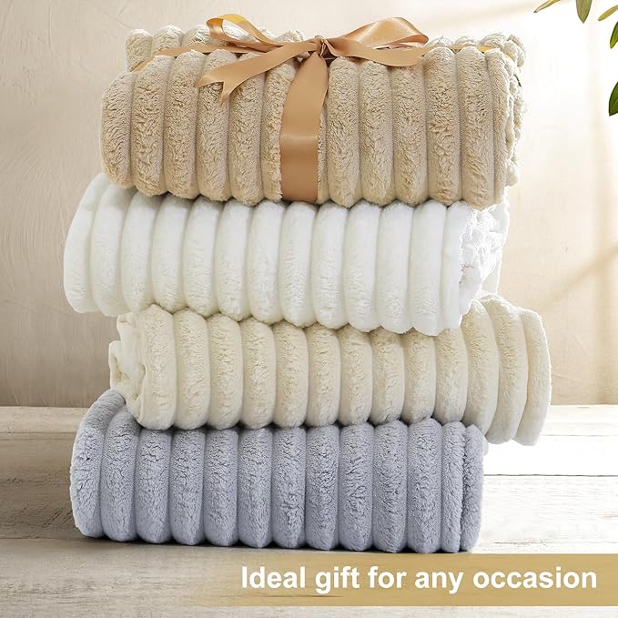 decorUhome Christmas Soft Fleece Beige Twin Blanket for Bed, Cozy Fluffy Plush Flannel Striped Throws for Couch Sofa, Lightweight Decorative Ribbed Fuzzy Blanket for Woman, 60x80 Inches