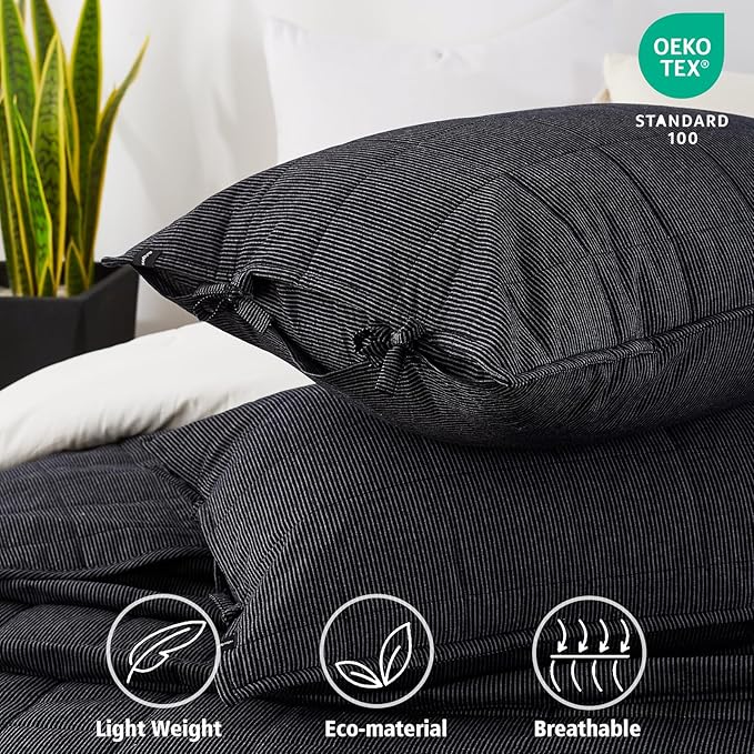 Midnight Pinstripe Quilts Queen Size, Cotton Queen Quilt Set Stone Washed with Black Stripe Bedding Coverlet Light Weight 3-Pieces with 2 Pillow Shams
