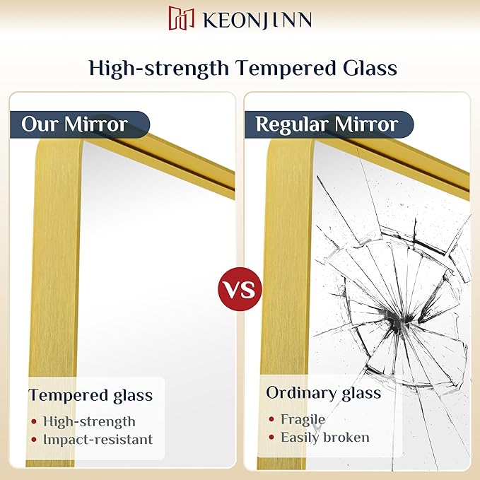 Keonjinn Gold Bathroom Mirrors for Wall 42” x 20” Large Rounded Rectangle Gold Vanity Mirror, Brushed Brass Mirror with Metal Frame, HD Tempered Glass, Decorative Farmhouse Mirror(Horizontal/Vertical)