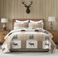 Uniclinens 100% Cotton Quilts Queen Size - Farmhouse Cabin Lodge Bear Deer Tree Quilt Set, Soft Patchwork Plaid Bedspreads Lightweight Quilted Comforter with 2 Pillow Shams, Green/Brown/Cream