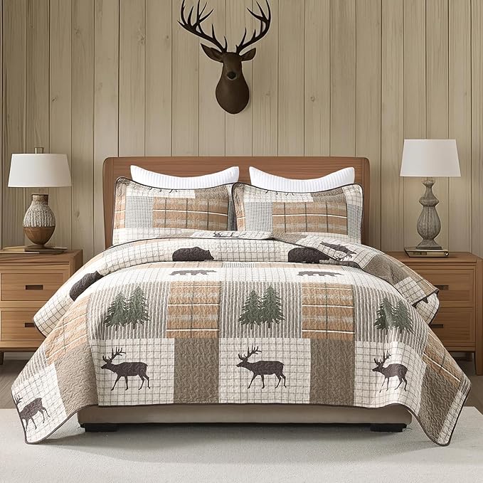 Uniclinens 100% Cotton Quilts King Size - Farmhouse Cabin Lodge Bear Deer Tree King Quilt Set, Soft Patchwork Plaid Bedspread Lightweight Quilted Comforter with 2 Pillow Shams, Green/Brown/Cream