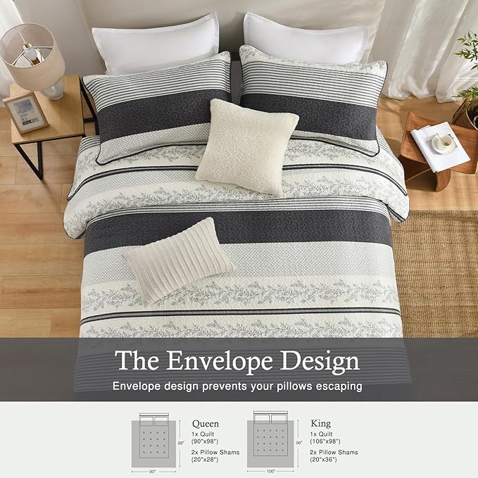 Stripe Quilt King Size - 100% Cotton Lightweight 3 Pieces Bedding Set, Vintage Vine Pattern Quilted Bedspread with 2 Pillowshams, Farmhouse Printed Coverlet for All Season, Green/Gray