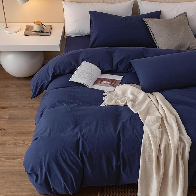 JIYUAN 100% Washed Cotton Duvet Cover Set 3 Pieces Full, 1 Duvet Cover 80x90 Inches(Comforter Not Included) and 2 Pillowcases,Linen Feel Bedding Set Comfy and Breathable,Navy Blue