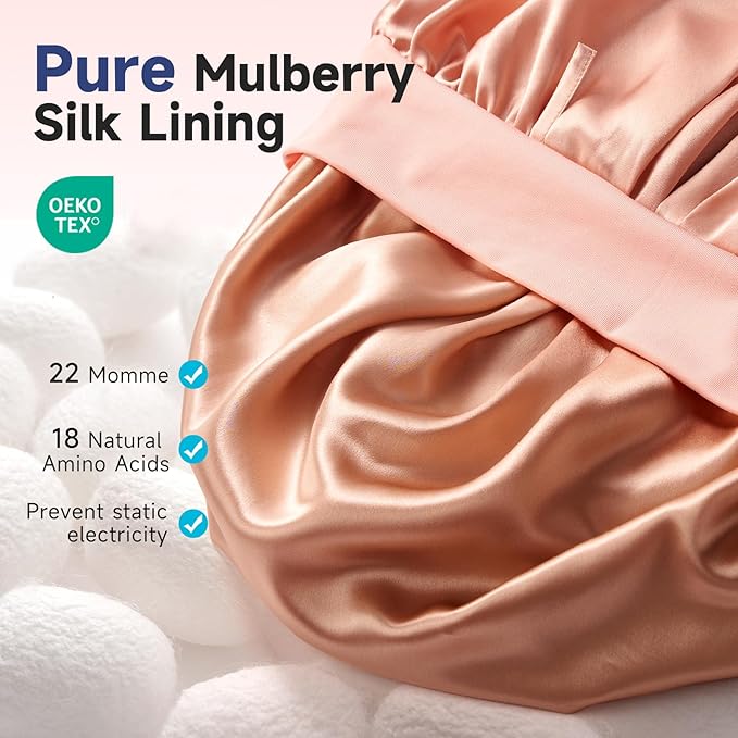 Umisleep Silk Bonnet, Soft Hair Bonnet for Sleeping, Real Mulberry Silk Lining, Bonnets for Women Hair Care, Double Layer Hair Cap with Tie, Large Silk Hair Wrap for Curly Long Hair, Blush Pink