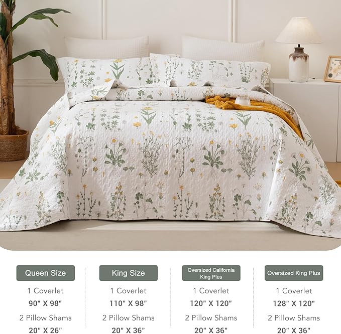 Lady Ann Cotton Quilt Sets Queen - Yellow Floral & Green Leaves Pattern Botanical Printed Quilted Coverlet, 3 Pcs Lightweight Soft Cottagecore Queen Bedspread Set Shabby and Chic Bedding