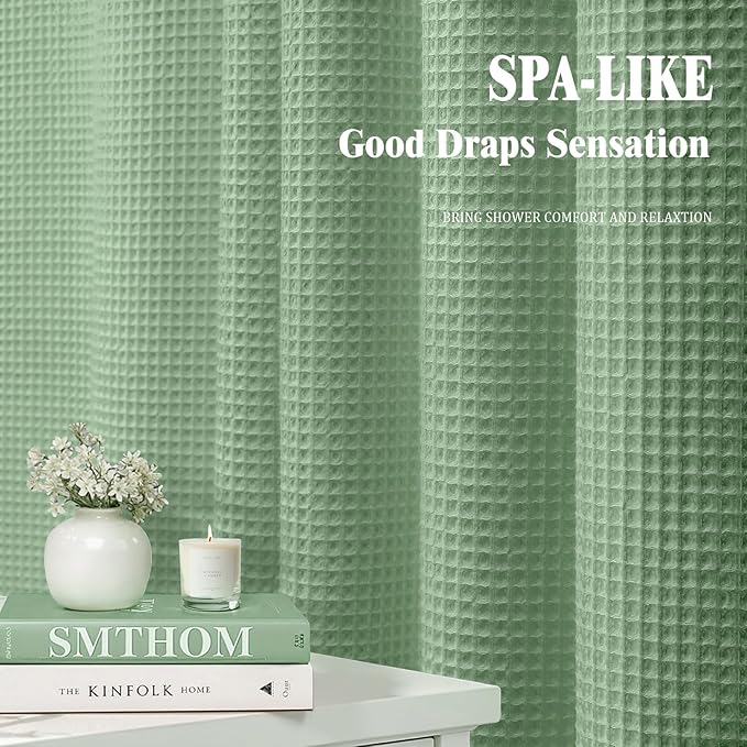 Long Waffle Shower Curtain - Sage Green Cotton Texture Fabric Heavyweight Shower Curtain for Bathroom,72Wx78L