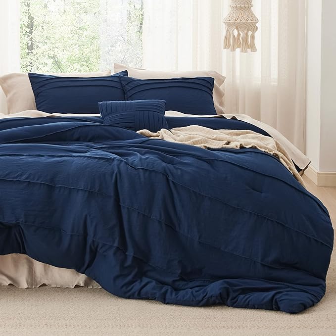 Bedsure Navy Blue Oversized Queen Comforter Set - 4 Pieces Pinch Pleat Bed Set, Down Alternative Bedding Sets for All Season, 1 Comforter, 2 Pillowcases, 1 Decorative Pillow