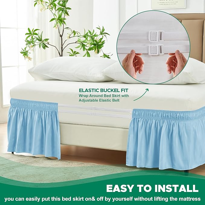 Biscaynebay Wrap Around Bed Skirts for Full & Full XL Beds 15" Drop, Light Blue Adjustable Elastic Dust Ruffles Easy Fit Wrinkle & Fade Resistant Silky Luxurious Fabric Machine Washable