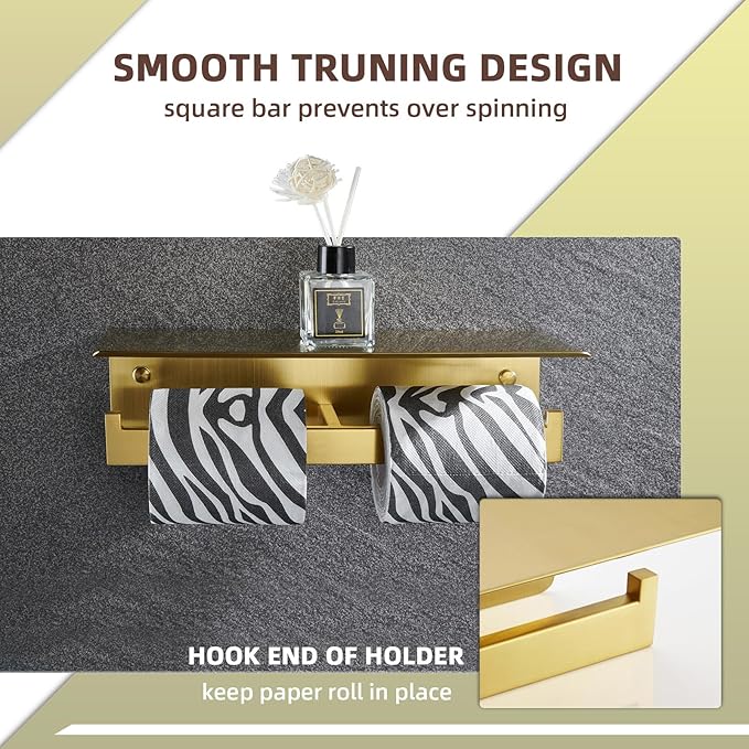 Angle Simple Toilet Paper Holder with Shelf Brushed Gold, 304 Stainless Steel Double Toilet Tissue Holder for Wall
