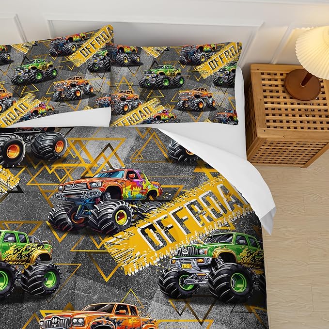 Full Size Monster Truck Comforter Sets for Boys，Monster Truck Full Size Bedding Sets Boys，with 1 Comforter with 2 Pillow Case，Kids Monster Truck Themed Bedroom Decor