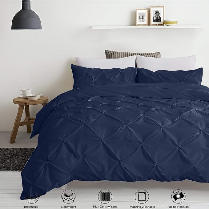 Pinch Pleated Duvet Cover Set 100% Brushed Microfiber 3PC Oversize Size 98x120 Duvet Cover Set, Decorative Pinch Design Navy Blue Duvet Cover with Matching Pillow Case