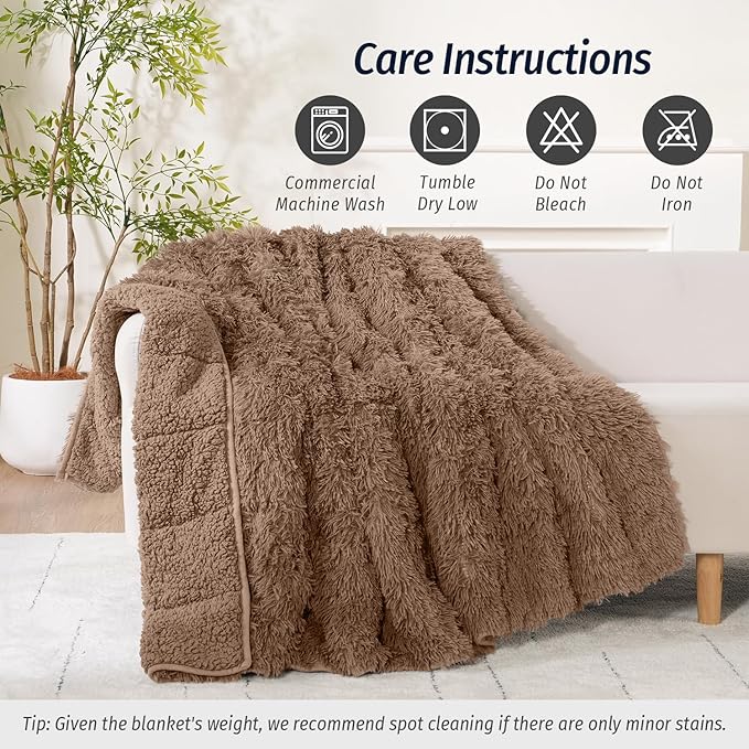 Wemore Shaggy Long Fur Faux Fur Weighted Blanket,Cozy and Fluffy Plush Sherpa Long Hair Blanket for Adult 15lbs,Fluffy Fuzzy Sherpa Reverse Heavy Blanket for Bed,Couch, Brown 60 x 80 Inches