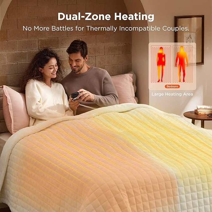 Bedsure Electric Blanket Queen Size - Quilted Winter Bedding of Thick Flannel, Dual Control Heated Blanket with 10 Heat & 10 Time Settings, Fast Heating for Cold Sleepers (84x90 inches, Ivory)