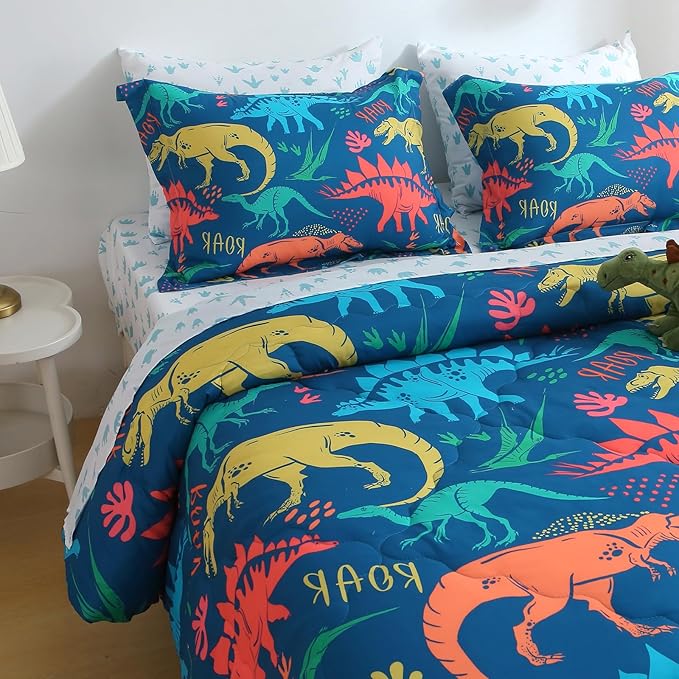Wajade Boys Dinosaur Comforter Set Bed in A Bag Full Size 7 Piece 3D Blue Dinosaur Print Bedding Set for Kids Teens(1 Comforter, 1 Flat Sheet, 1 Fitted Sheet, 2 Pillowcase and 2 Pillow Sham)