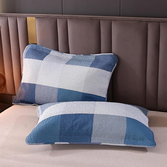 vctops Cotton Quilted Patchwork Quilt Set Queen Size Farmhouse Blue Plaid Bedspreads Coverlet 3 Pieces Summer Lightweight 1 Quilt and 2 Pillow Shams for All Season (Plaid A,Queen)