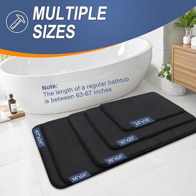 OLANLY Thick Memory Foam Bath Mat Rug 70x24, Extra Soft Absorbent Bathroom Rug, Quick Dry Bath Mats, Non-Slip, Machine Washable Carpet for Bathroom, Tub and Shower, Home Decor Accessories, Black