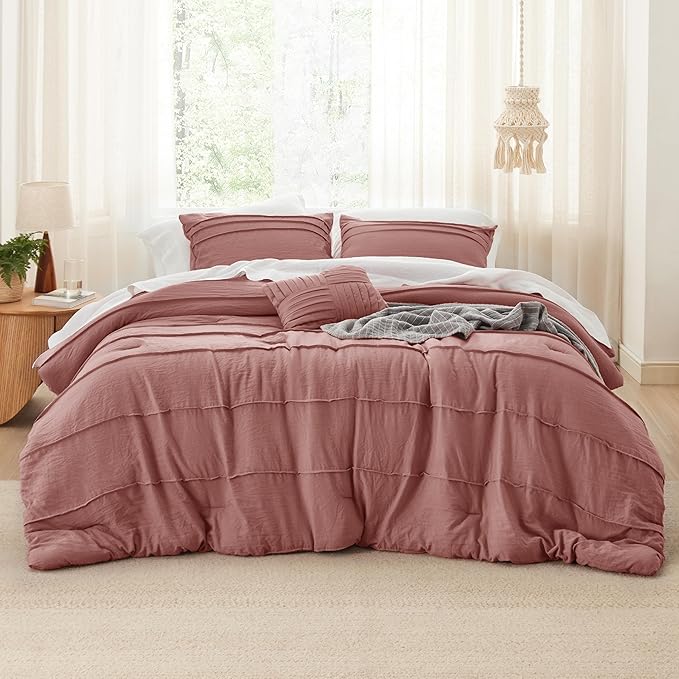 Bedsure California King Comforter Set - 4 Pieces Pinch Pleat Bed Set, Dusty Pink Boho Bedding for All Season, 1 Soft Comforter, 2 Pillowcases, 1 Decorative Pillow