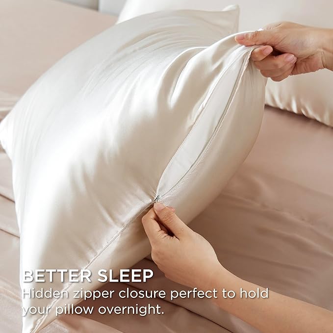 Bedsure Satin Pillowcase with Zipper, Similar to Silk Pillow Cases 2 Pack, Beige Satin Pillow Cases Queen, Silky & Soft Pillow Covers Hair and Skin, Christmas Decor Gifts for Women Men, 20x30 Inches