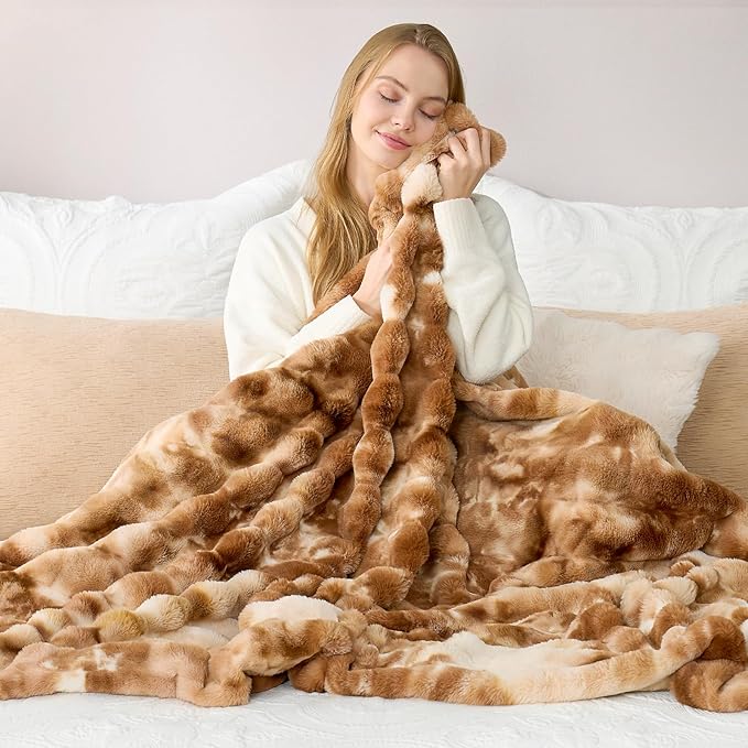 Cozy Bliss Faux Fur Throw Blanket for Couch, Fuzzy Soft Plush Thick Striped Blanket for Sofa Bedroom Living Room, 50 * 60 Inches Tie-dye Brown