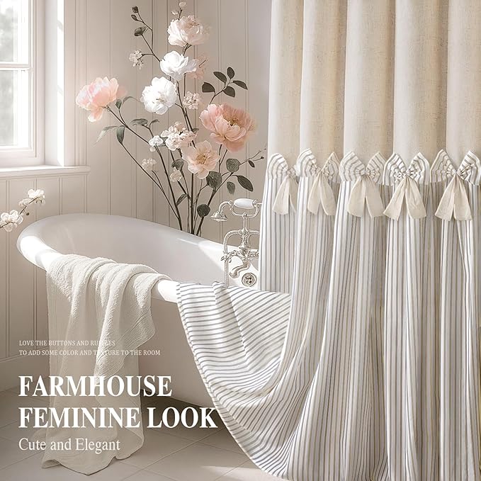 Farmhouse Shower Curtain Linen Beige Bow Woven Fabric Country Rustic Western, Pleated Beige Stripe 72" W x 90" L